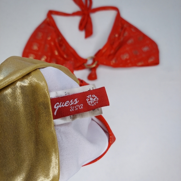 Guess Bikini Bathing Suit Small Gold Metallic Monogram Triangle Tie Tassel LOGO - Picture 2 of 5